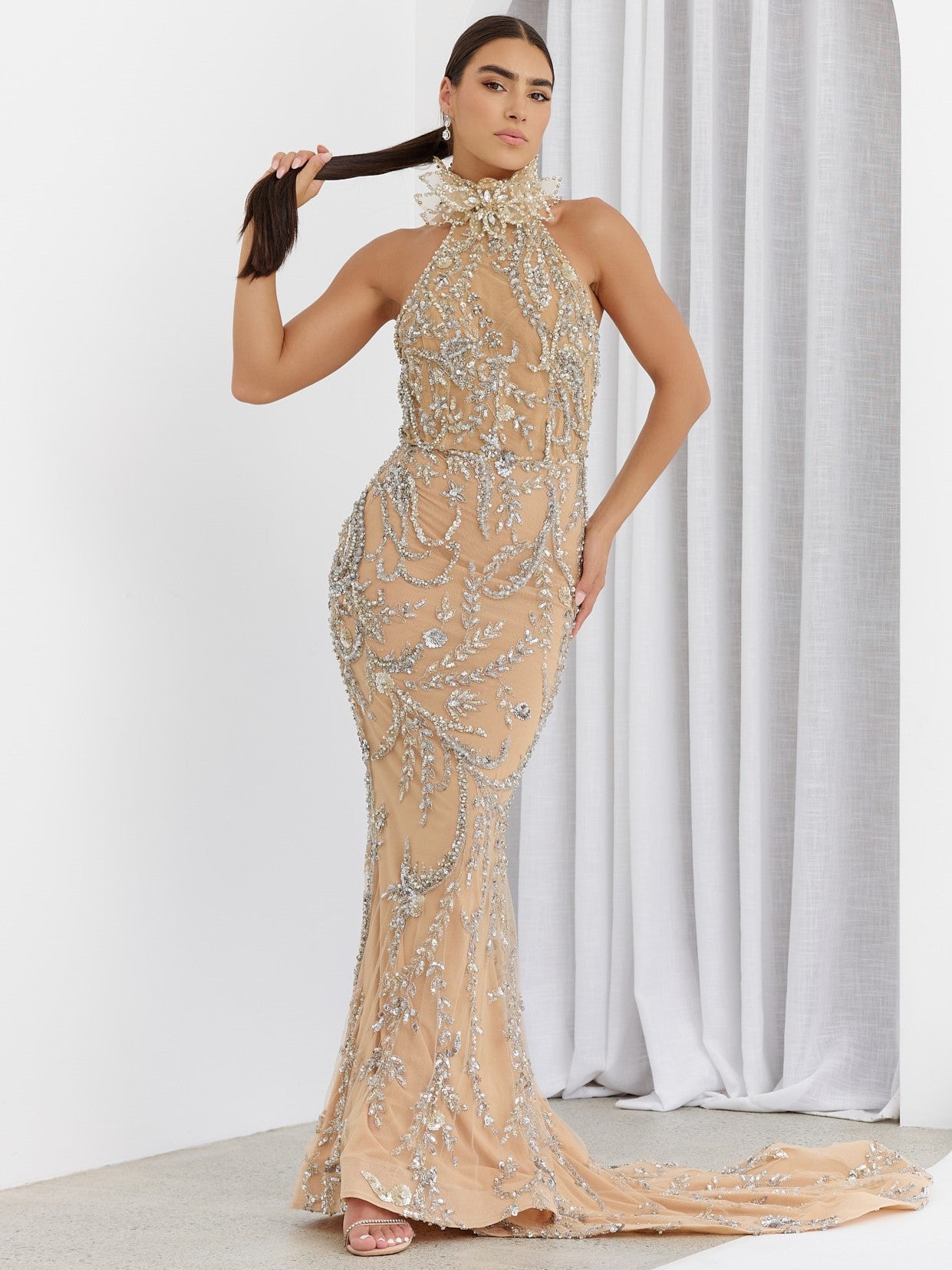 Albina Dyla Silver Halter Gown Hire